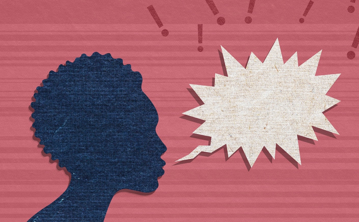Illustration of woman's head with large speech bubble and exclamation point