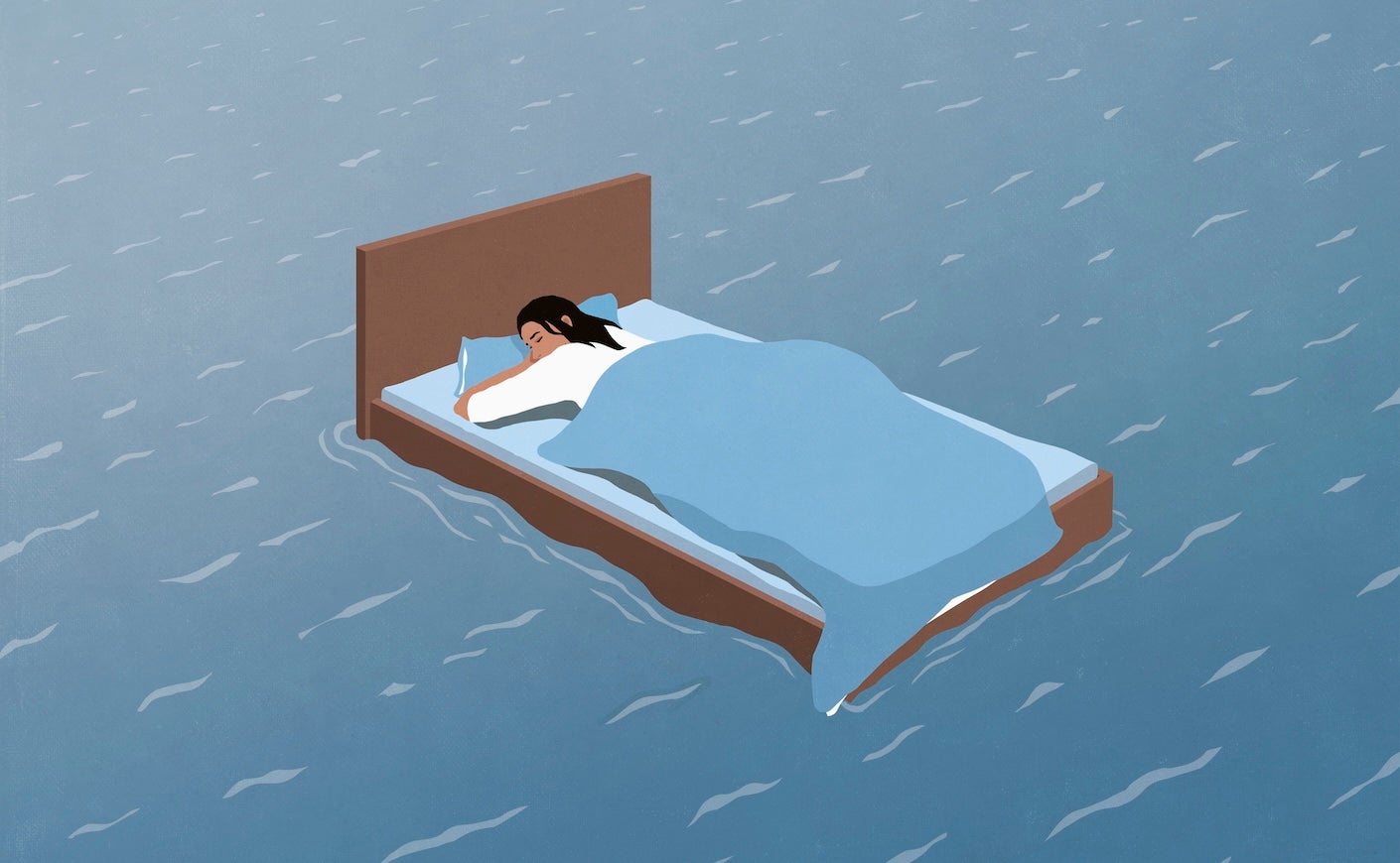 Woman sleeping in bed floating on moving water