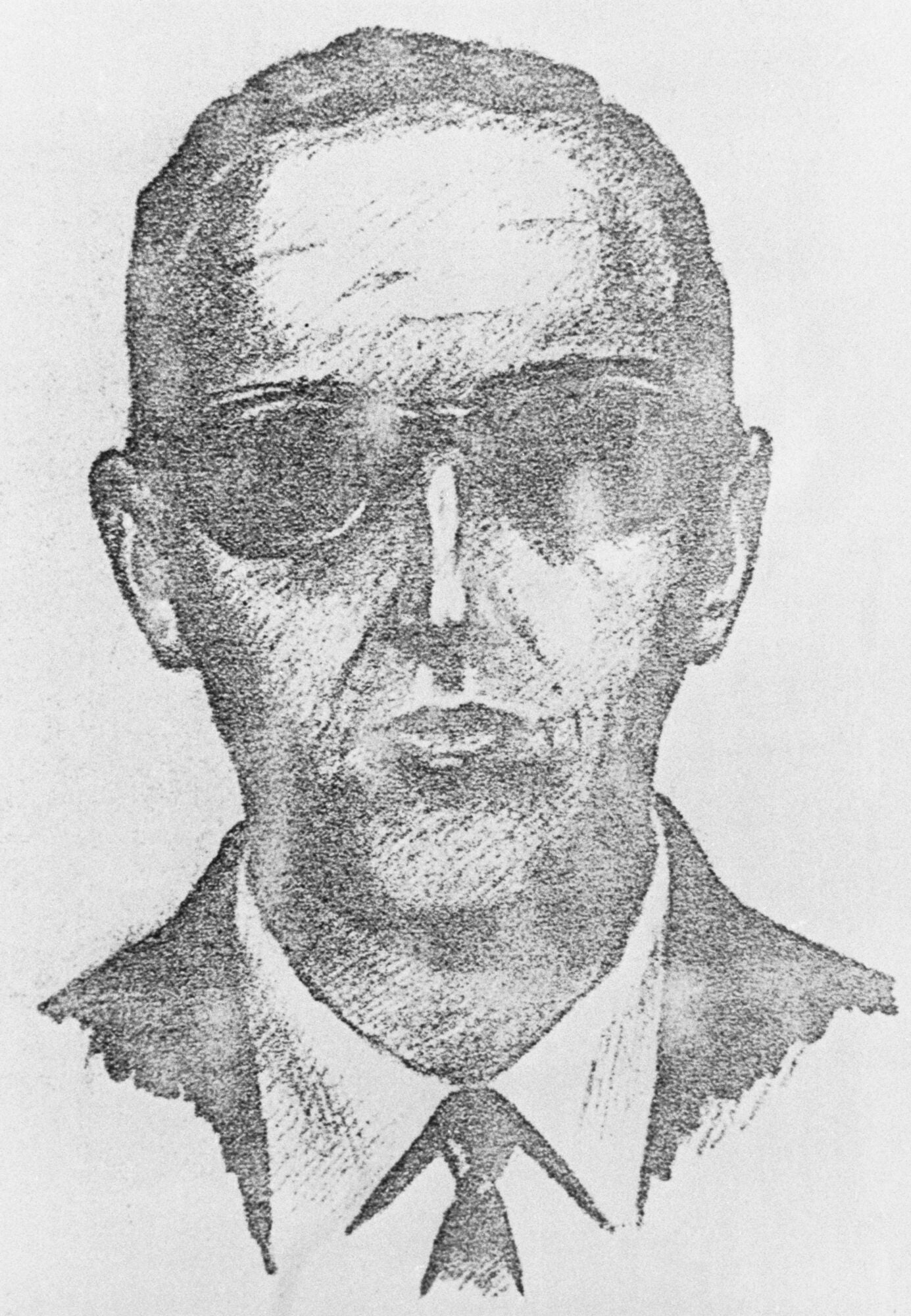 Sketch of hijacking suspect DB Cooper, a man wearing sunglasses and a suit and tie with short hair