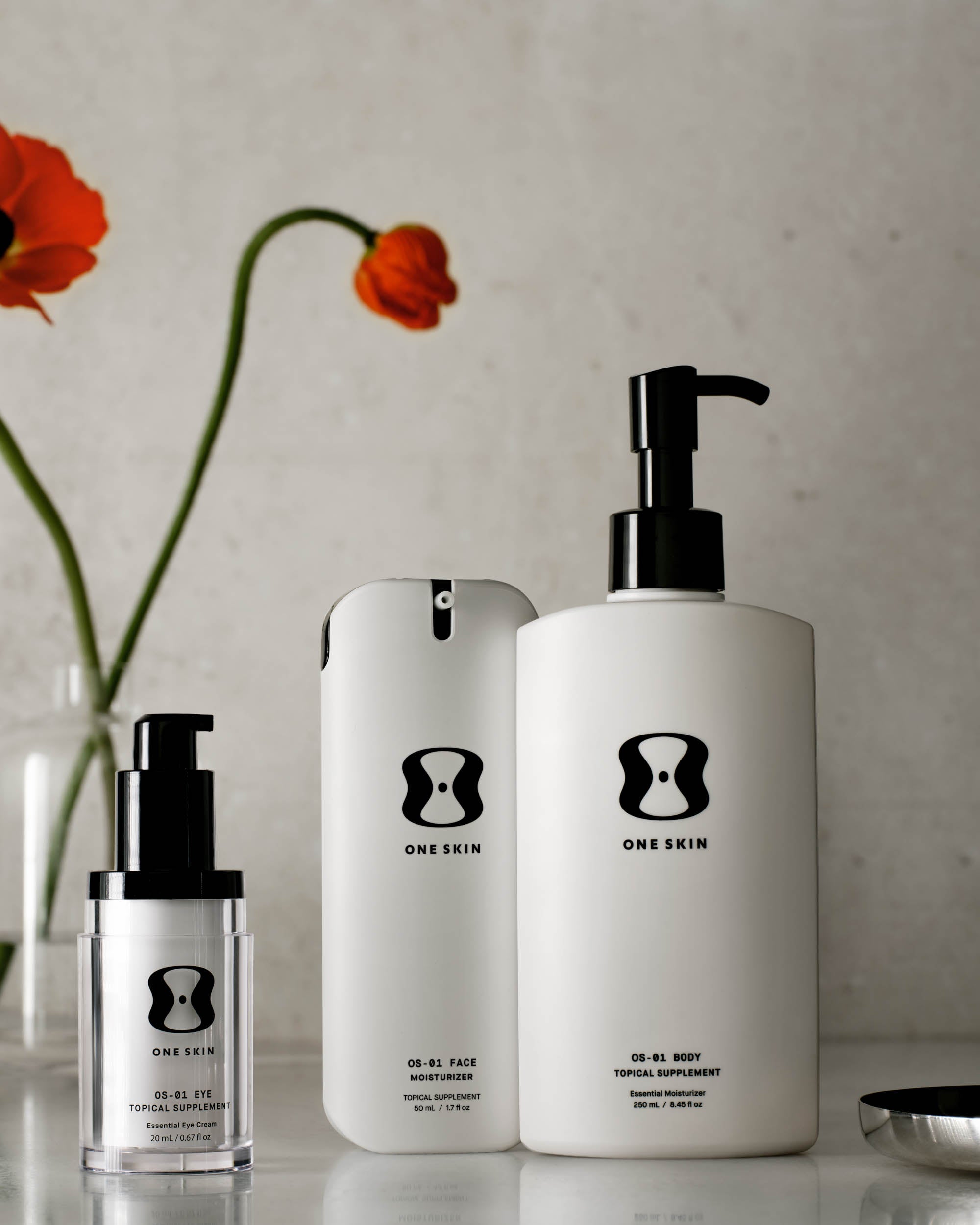 OneSkin face, body, and eye moisturizers