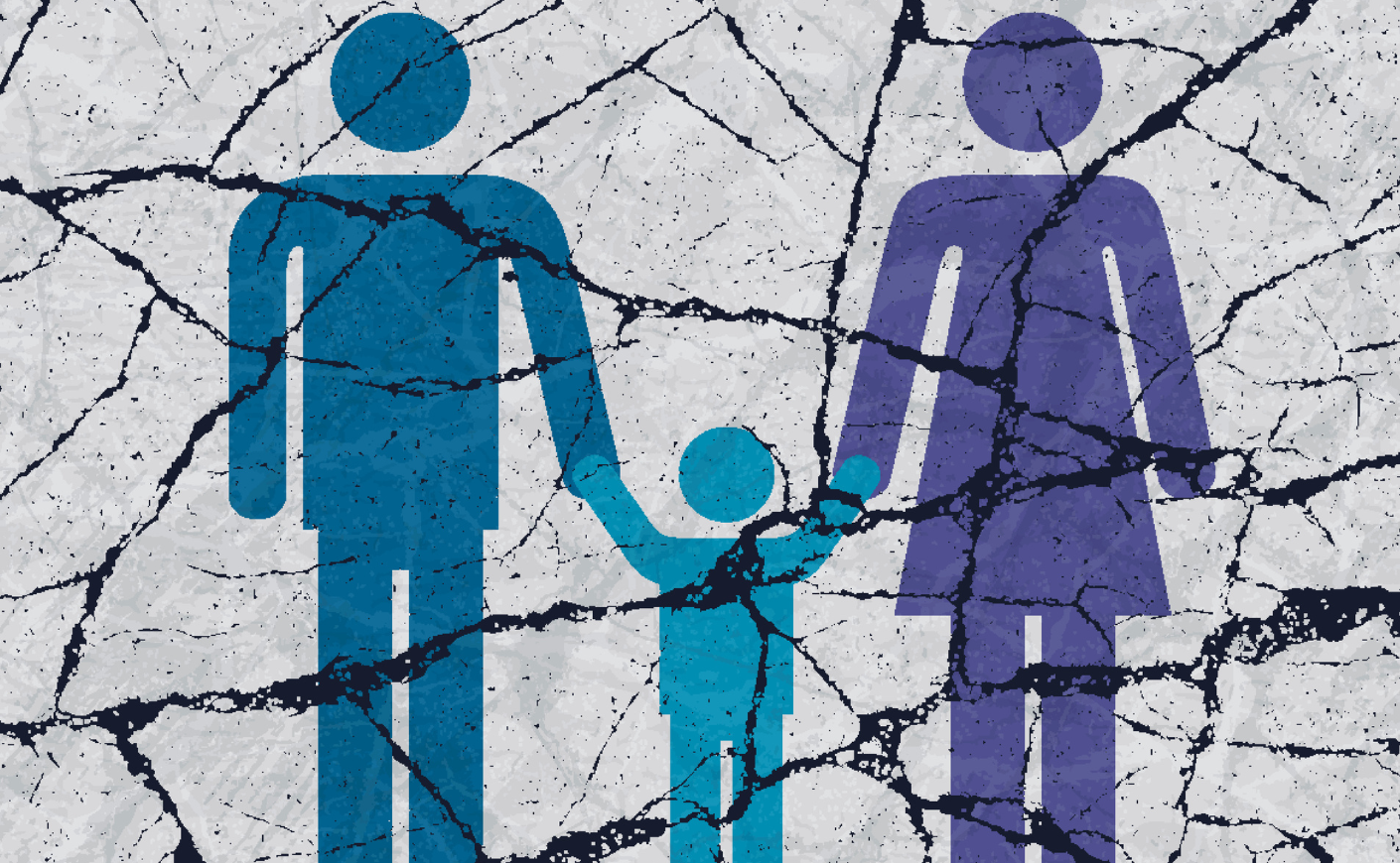 Illustration of a man and woman stick figure holding hands with a child, the whole image is broken