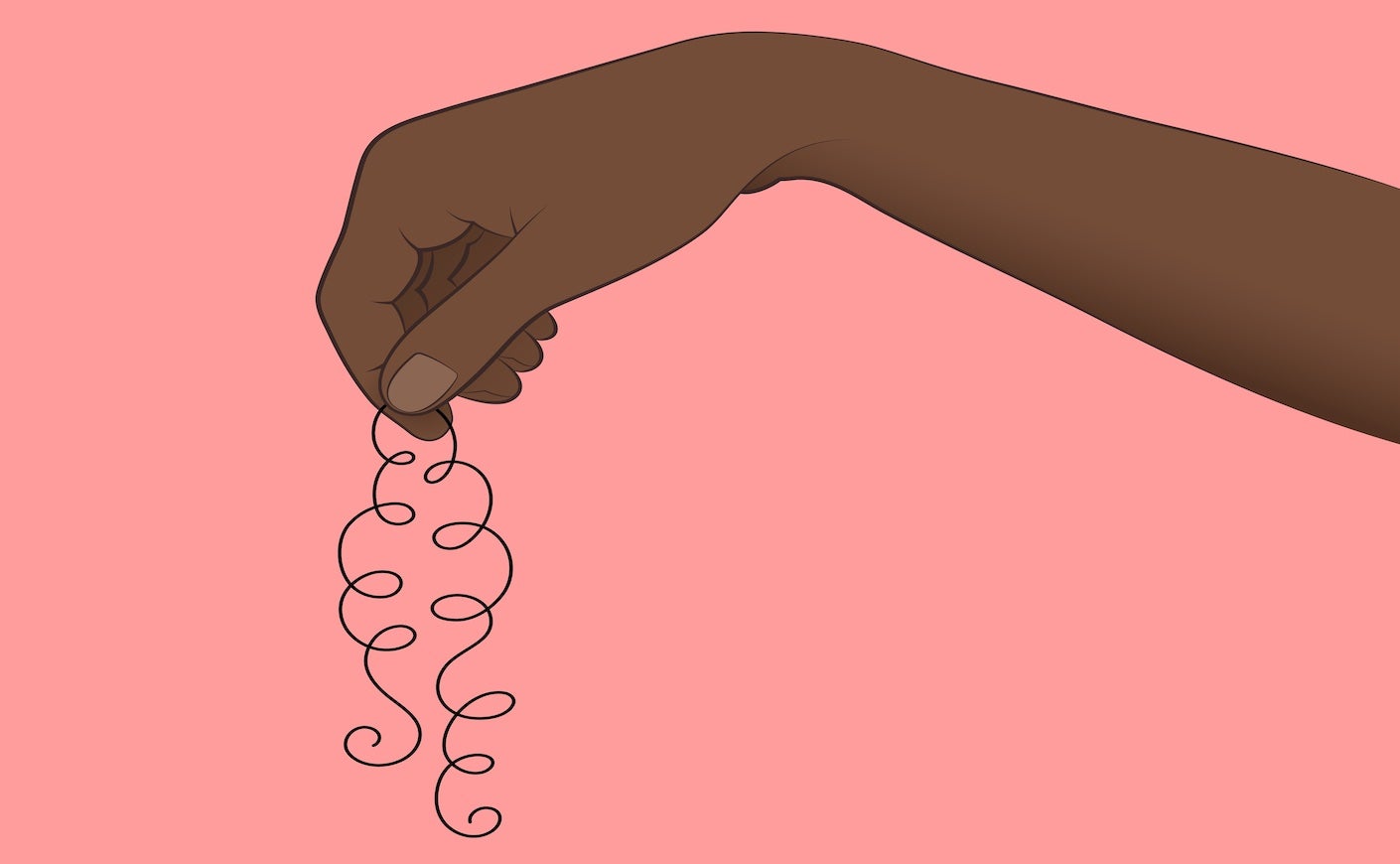 illustration of a black arm holding a strand of curly hair