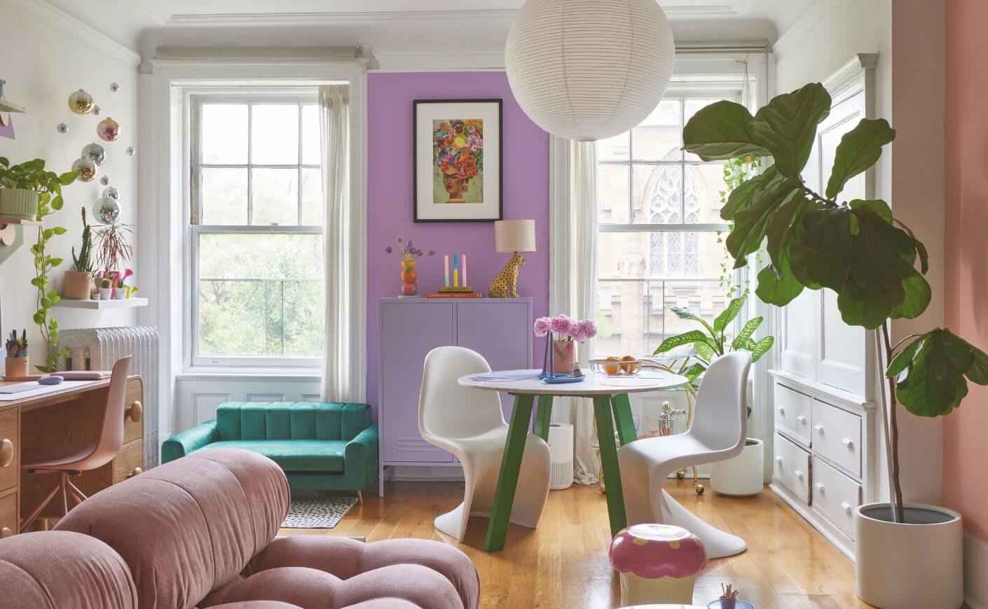 A living room decorated in the dopamine design aesthetic.