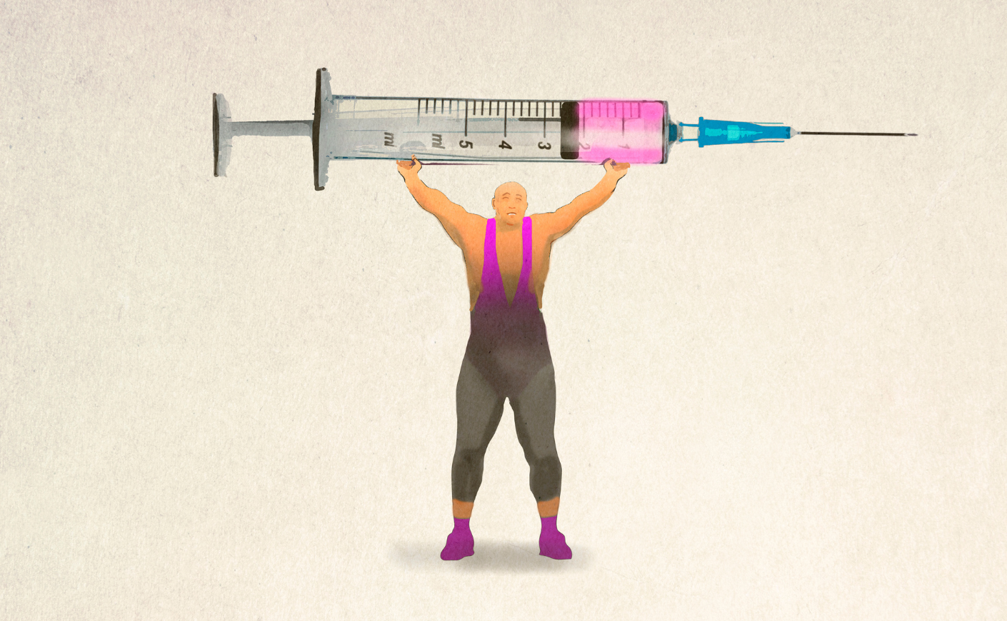 Illustration of a bodybuilder holding up a giant syringe above his head