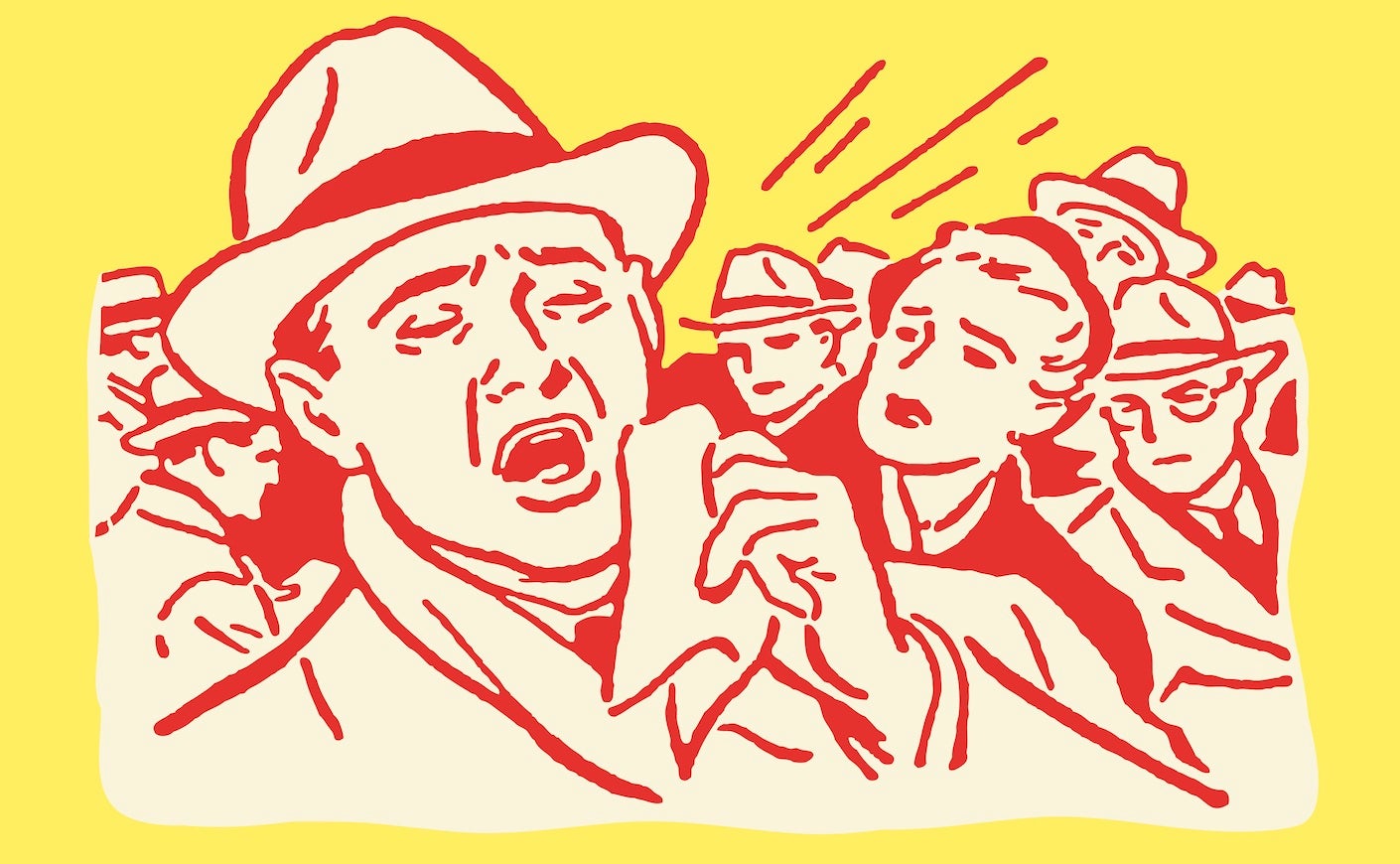 cartoon of a man in a hat sneezing as others watch