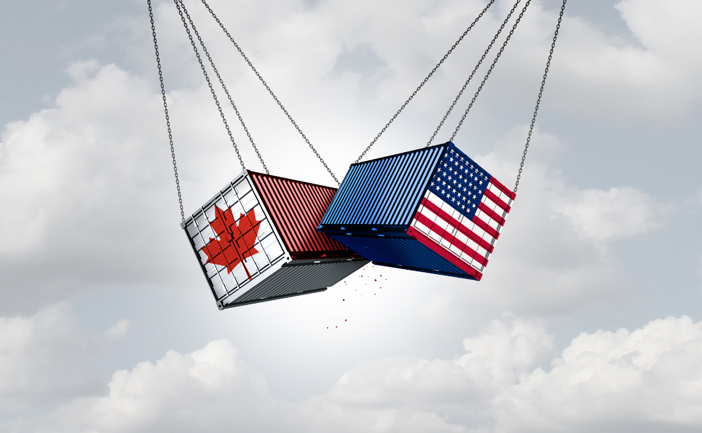 Illustration of a Canadian and U.S. shipping container colliding in mid-air
