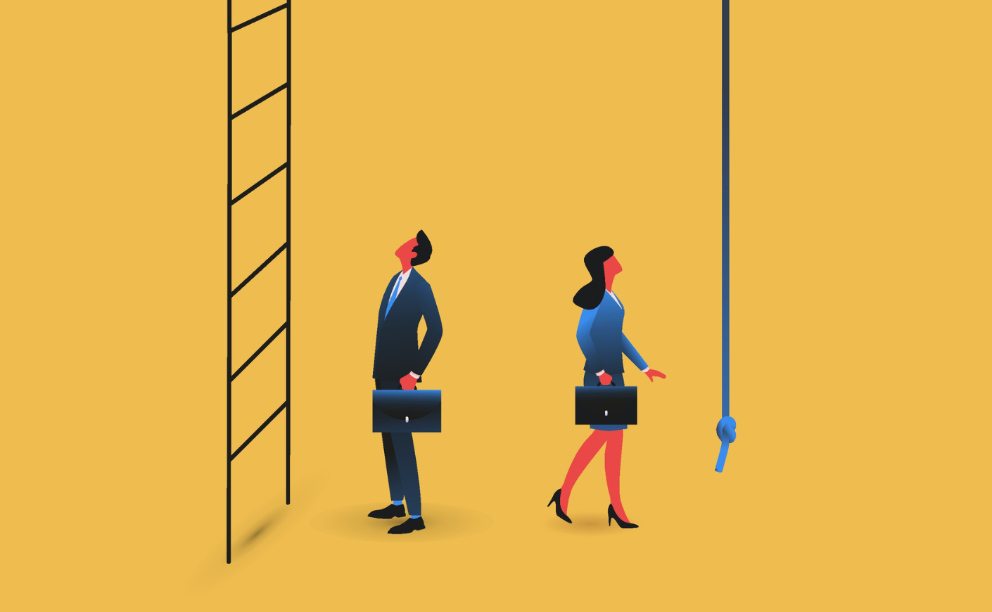 man facing a ladder, woman facing a rope