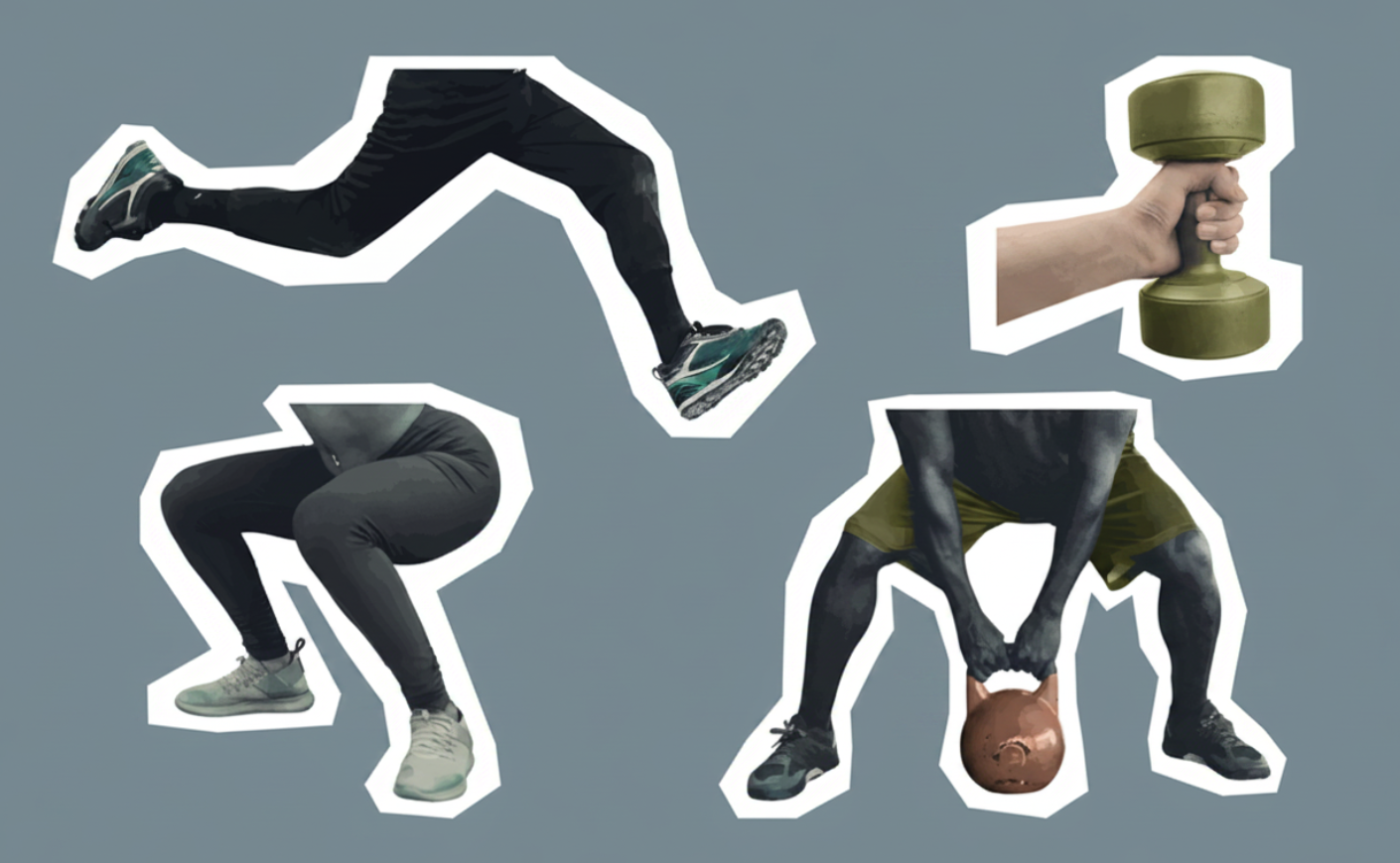 close ups for a person running, squatting, and lifting a dumbbell