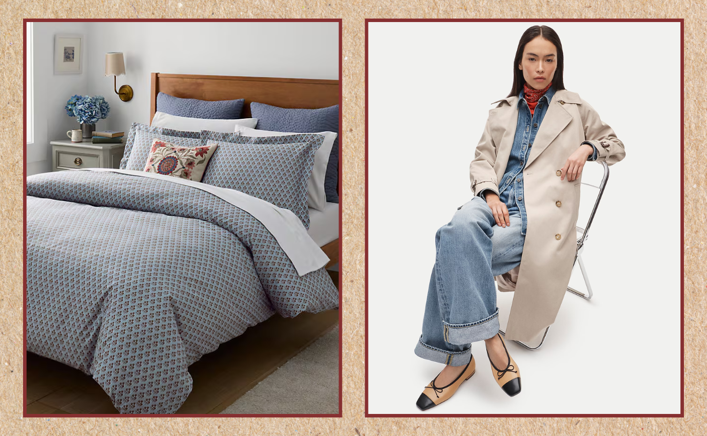 Garnet Hill duvet cover and J.Crew flats on sale.