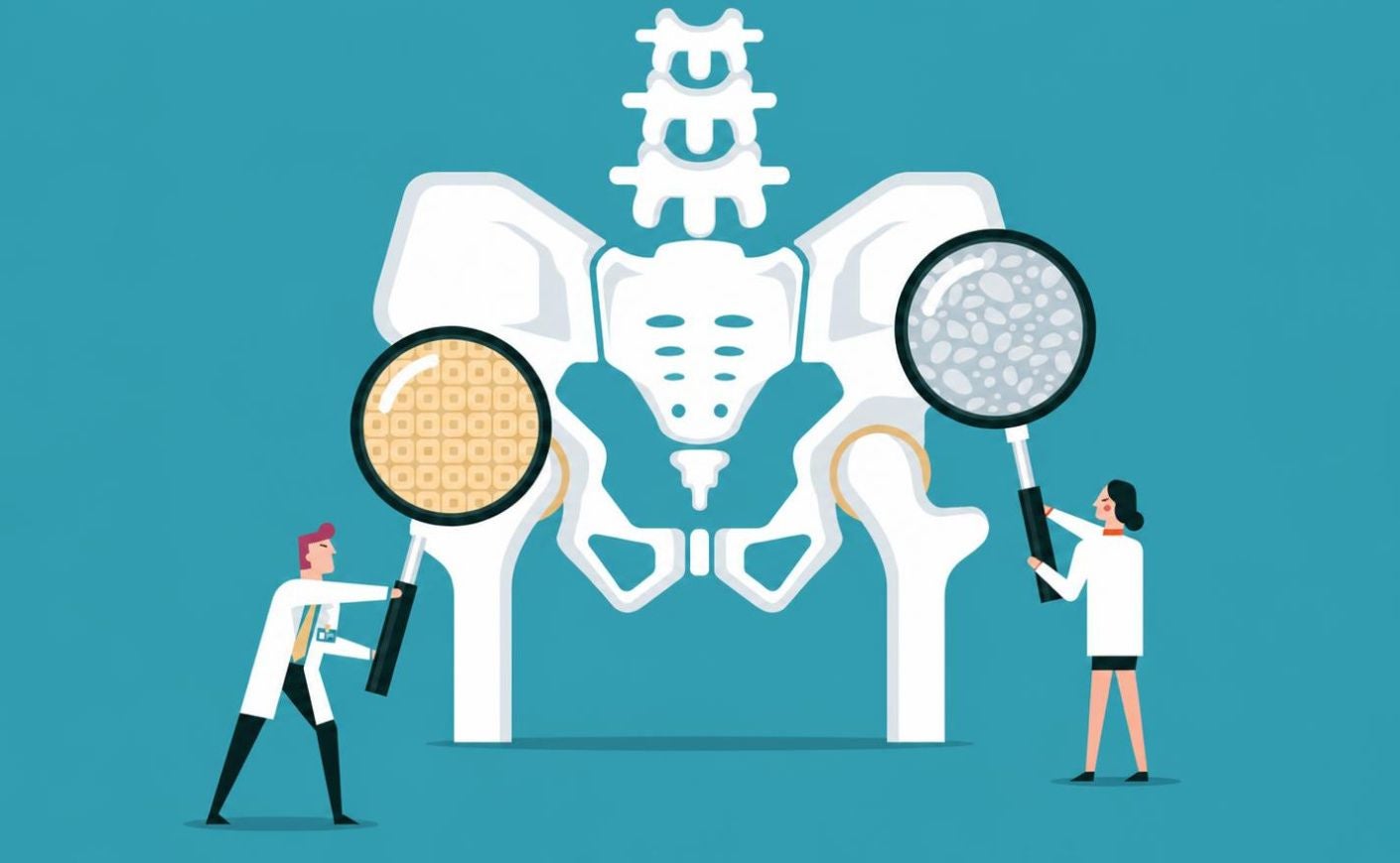 Illustration of tiny doctors holding magnifying glass up to pelvis bone