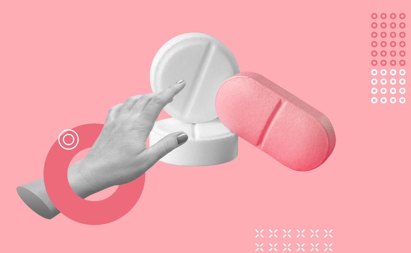 illustration of a hand pointing at pink and white pills