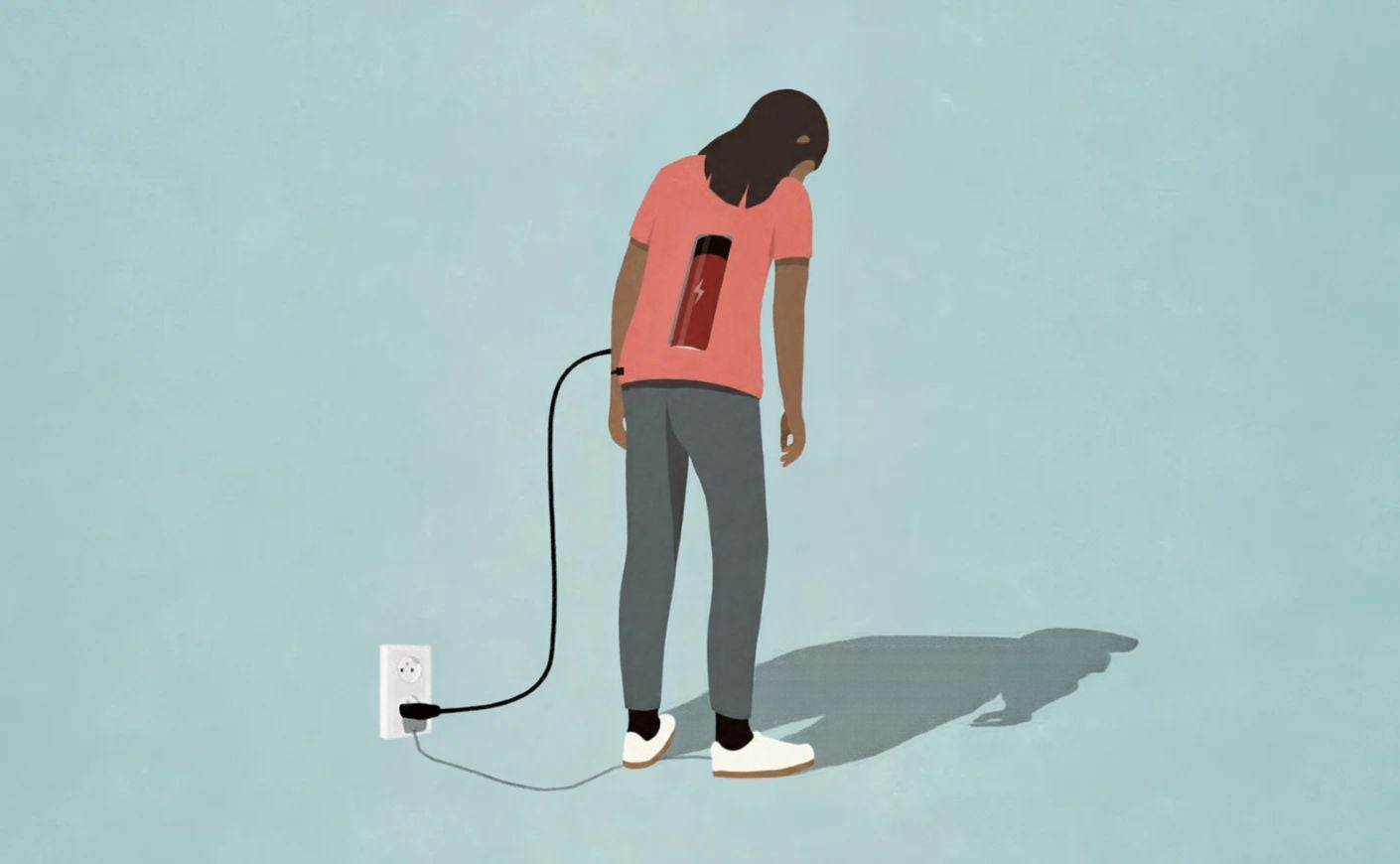 Illustration of woman plugged into a wall with a low battery