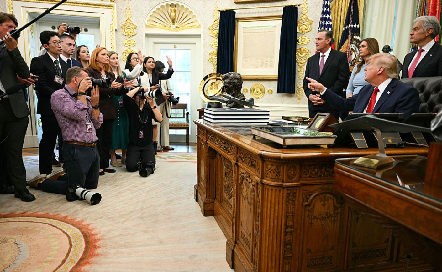President Trump with the media.
