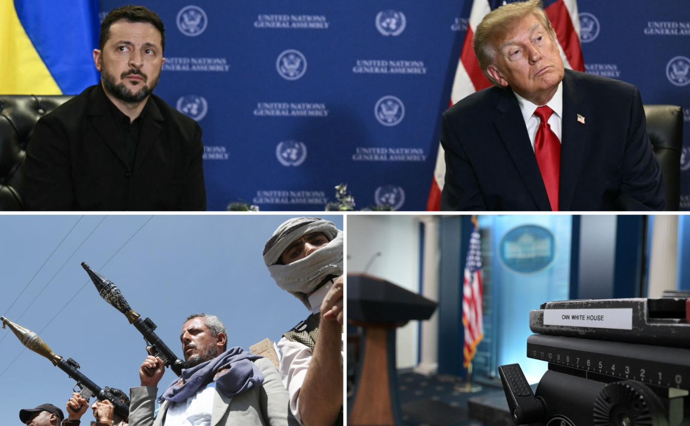 Zelensky and Trump, Houthi supporters in Yemen, and an empty White House press room with a CNN sticker on a piece of equipment.
