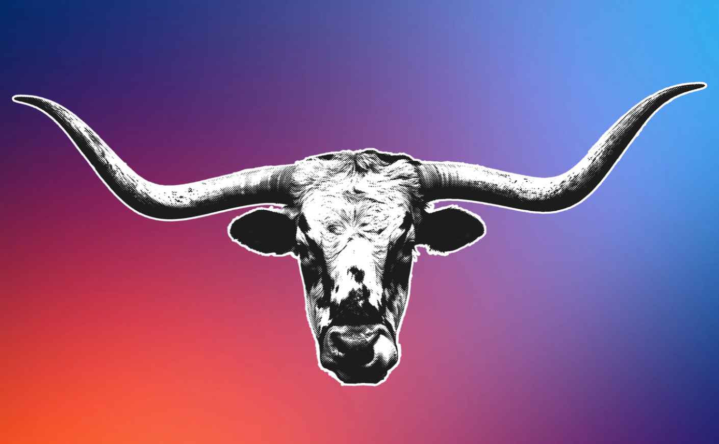 Texas longhorn bull over a red, blue, and purple background