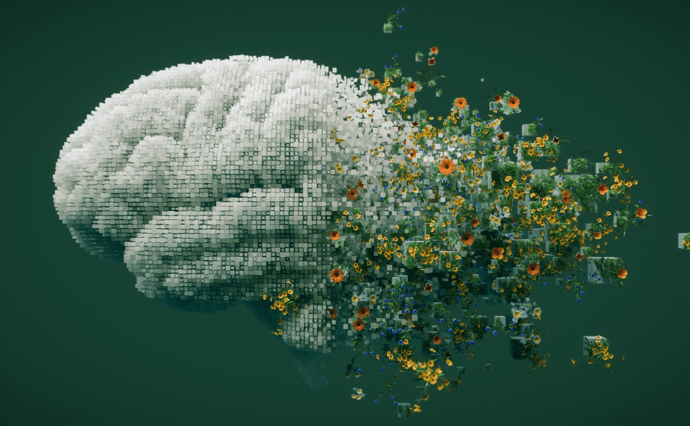 brain changing pixels into flowers