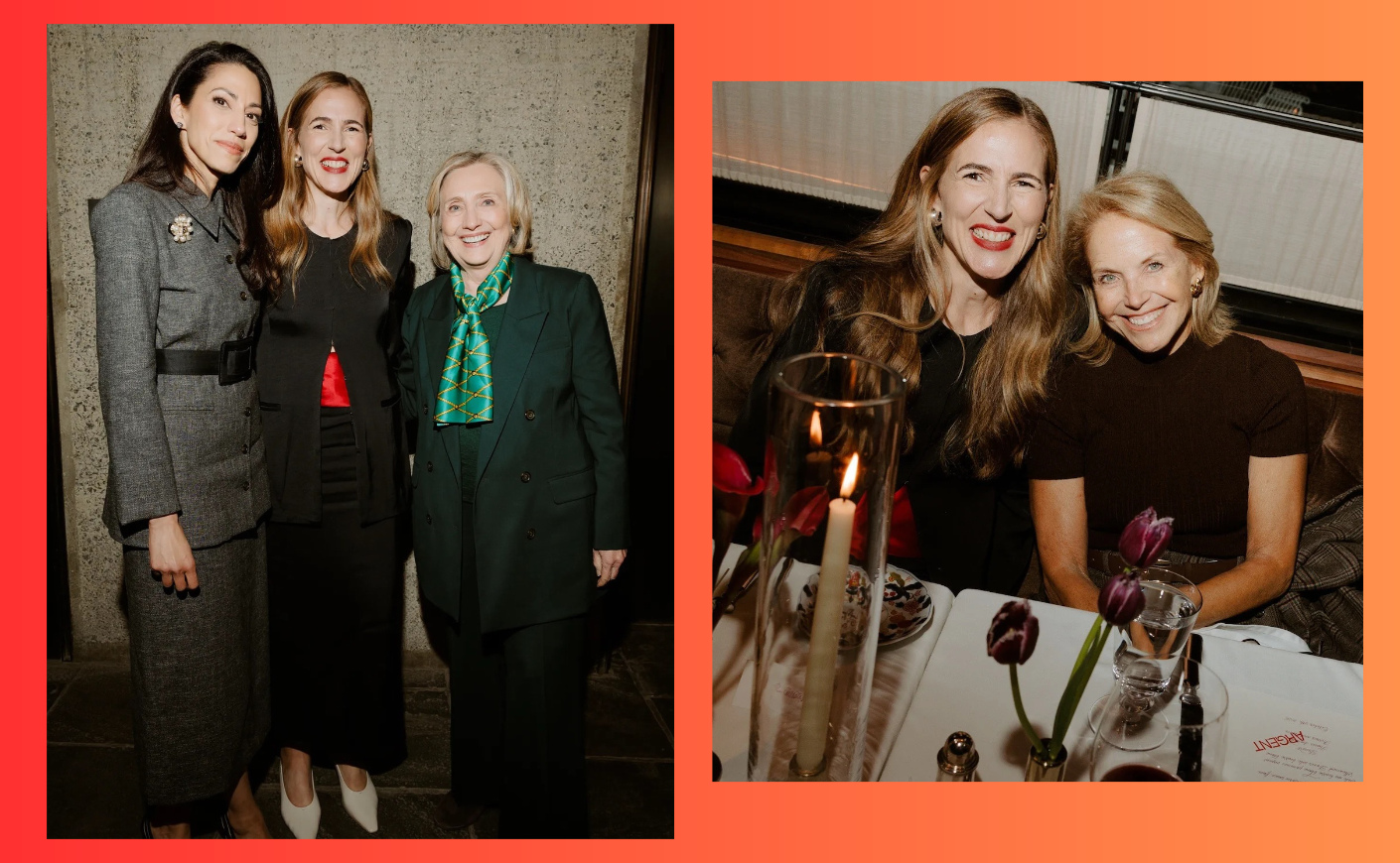 two images, one of three women in workwear, including huma abedin and hillary clinton, and another image of two women at a dining table at a restaurant, including katie couric
