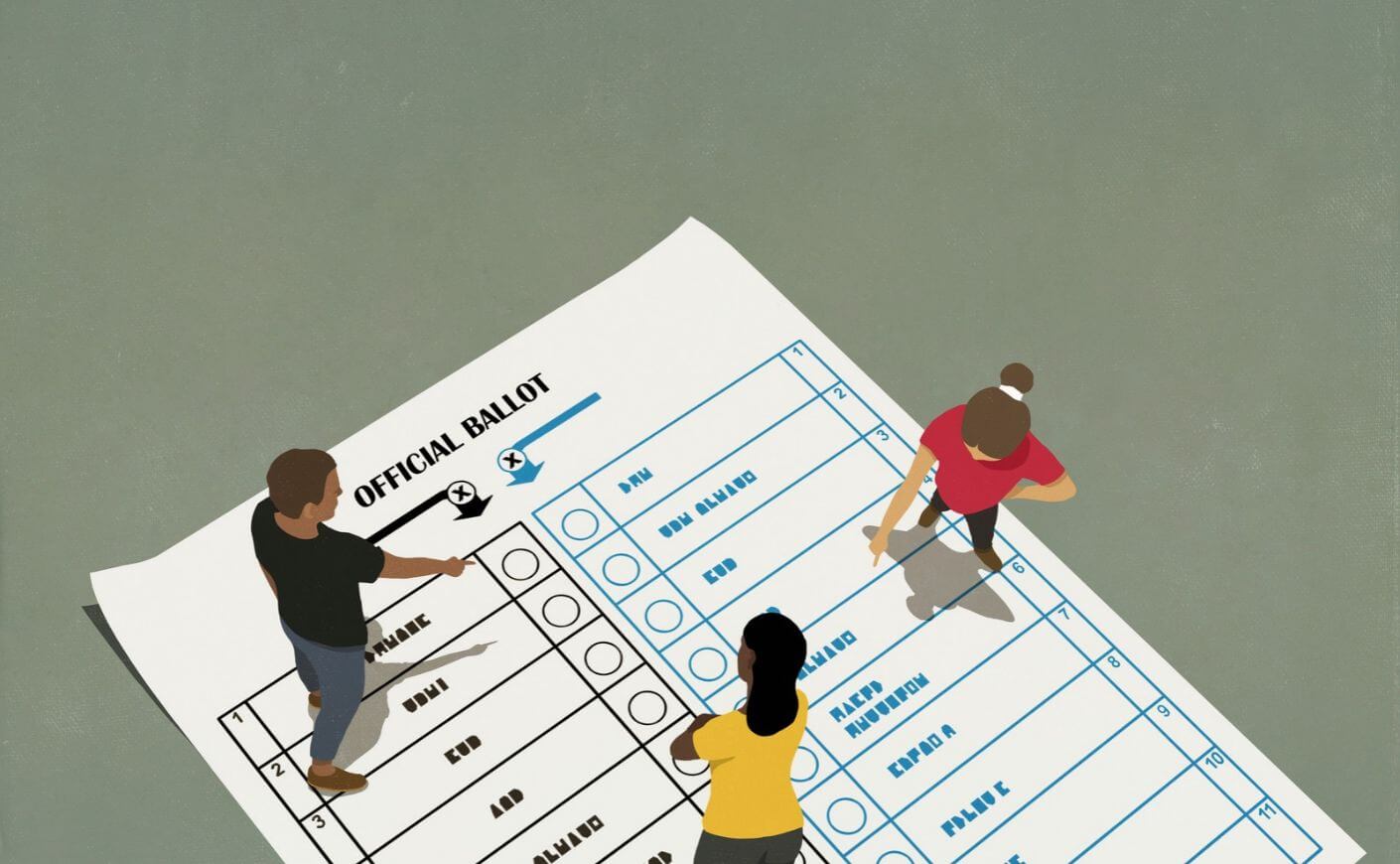 An illustration of three people standing on a ballot.