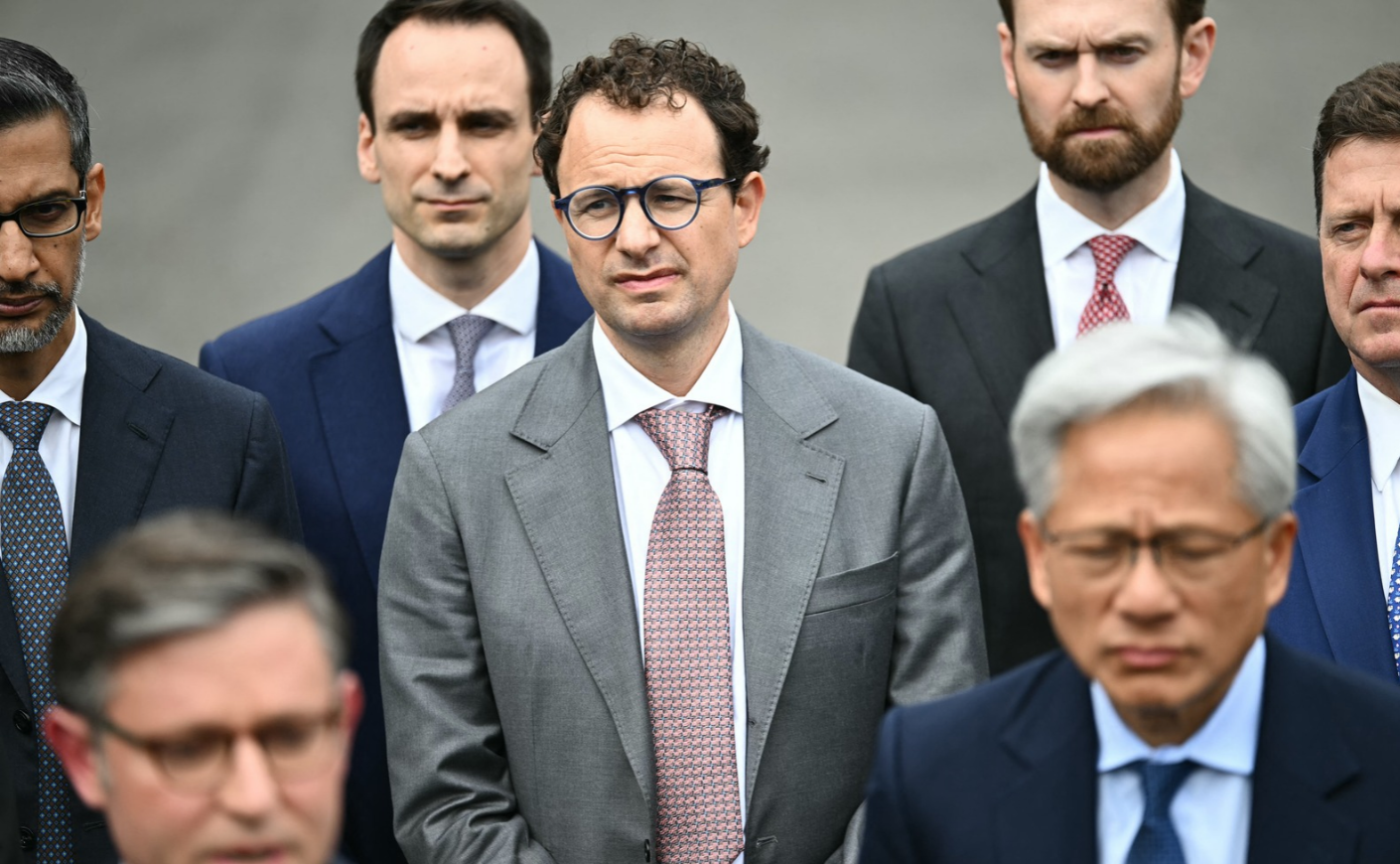 Co-founder and CEO of Anthropic Dario Amodei looks on as US Speaker of the House Mike Johnson speaks to the press after a meeting with technology executives about artificial intelligence at the White House in Washington, DC, on September 29, 2026.