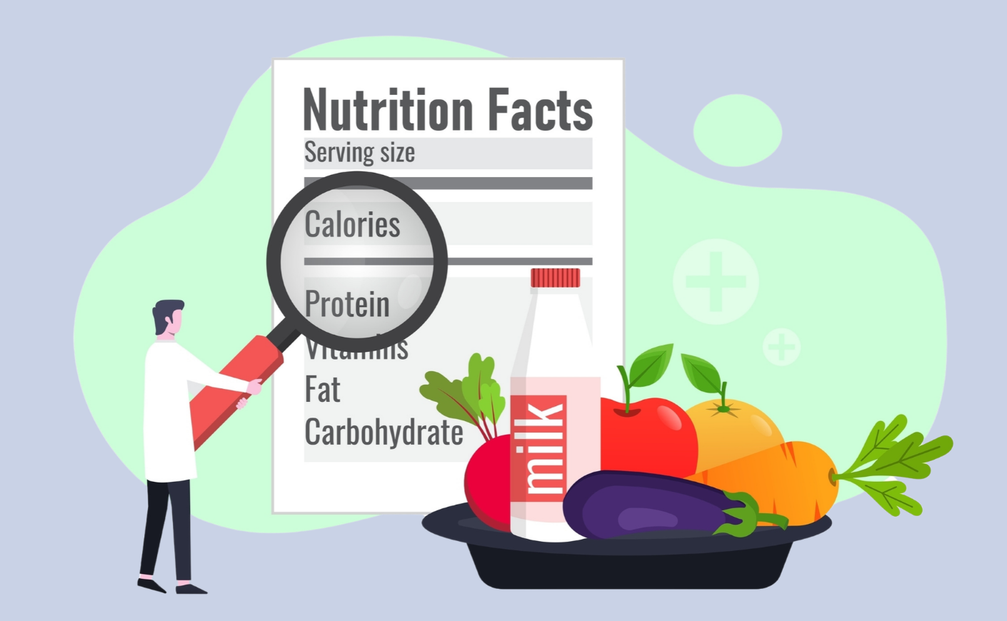 Illustration of a person looking an a nutrition label with a magnifying glass