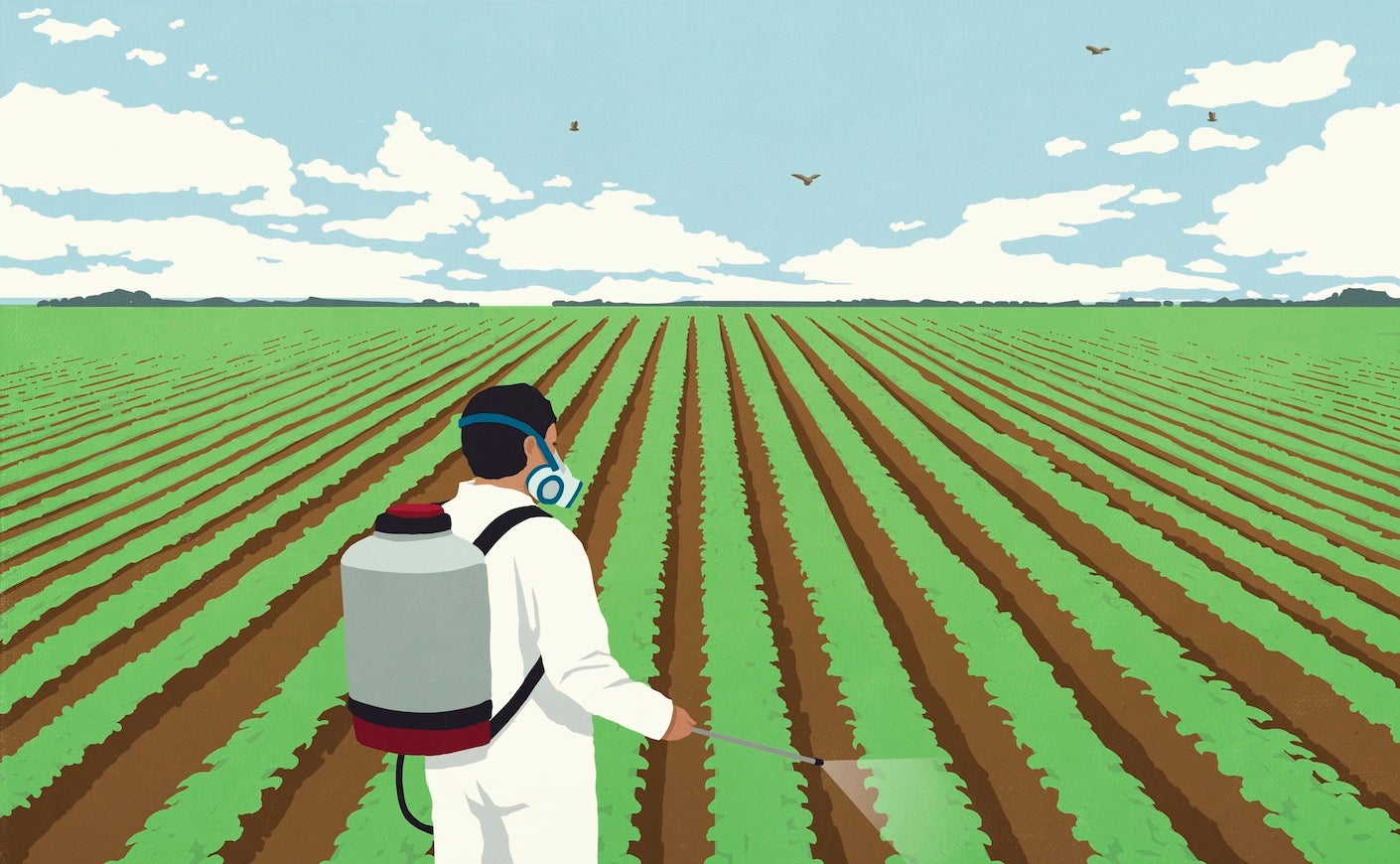 illustration of a person wearing a mask spraying substance on crops